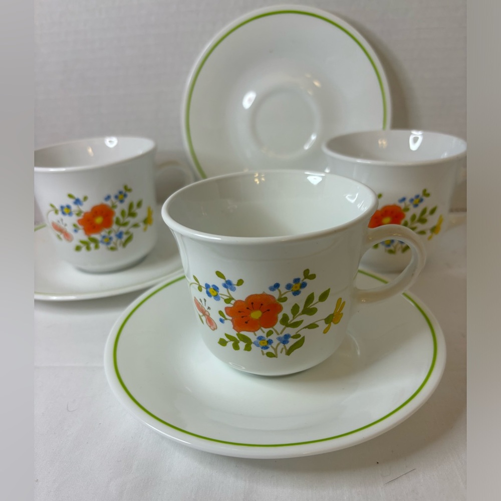 Vintage Corelle WILDFLOWER  8oz Coffee Tea Flat Cups & Saucers Set of 3